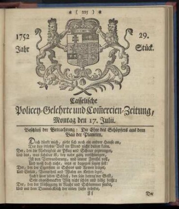 29. Stueck, Montag den 17. Julii 1752