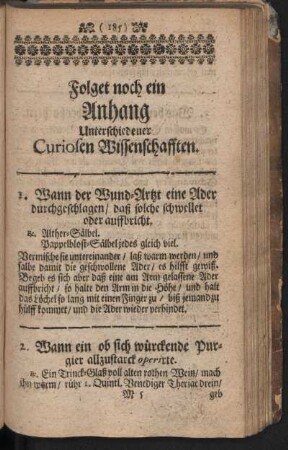 Folget noch ein Anhang Unterschiedener Curiosen Wissenschafften