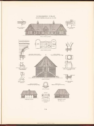 Irrenhaus, Berlin-Buch: Grundriss, Vorderansicht, Details Werkstatt, Grundriss, Ansicht, Details Eiskeller, Grundriss, Ansicht, Seitenansicht Schuppen (aus: Neubauten der Stadt Berlin, Bd. VII, 1908)