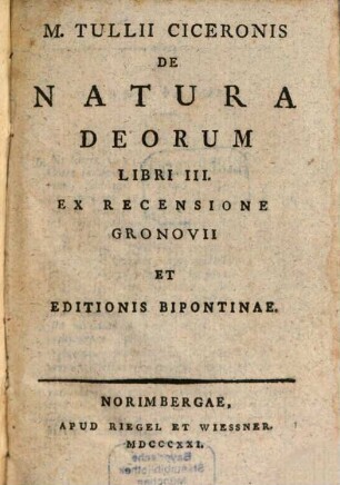 M. Tullii Ciceronis De natura deorum : libri III.