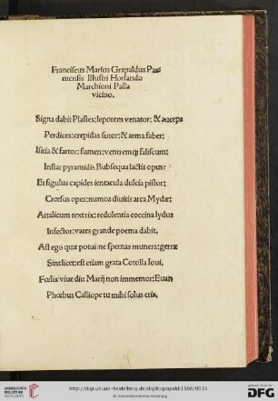 Franciscus Marius Grapaldus Parmensis Illustri Horlando Marchioni Palla vicino