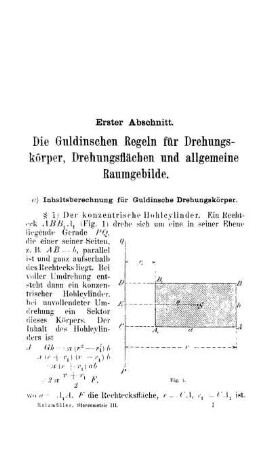 Erster Abschnitt. Die Guldinschen Regeln für Drehungskörper, Drehungsflächen und allgemeine Raumgebilde.