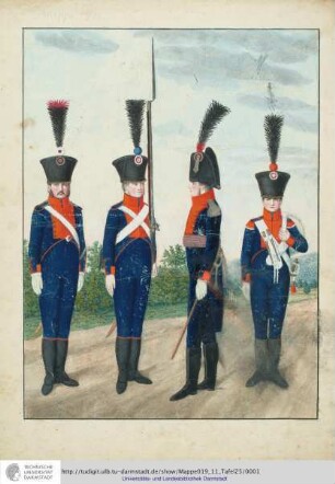 Abbildung Des Gros[s]herzoglich Hessischen Militair. [Tafel 25: Garde-Füsilier-Regiment; Sergeant, Soldat, Offizier und Tambour]. S.l.e.a. [ca. 1813/14]
