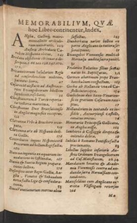 Memorabilium, Quae hoc Libro continentur, Index.