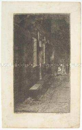 Radierung von Daniel Nikolaus Chodowiecki zum Aufsatz "Neue Erfindung" im vierten Teil des "Wandsbeker Bothen" von Matthias Claudius (S. 103-104)
