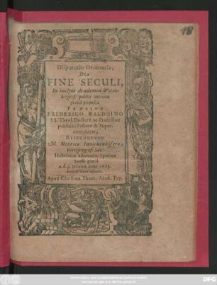 Disputatio Ordinaria, De Fine Seculi
