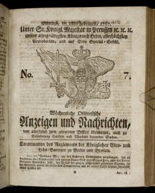 No. 7. Montags, den 16ten Februarii, 1767.
