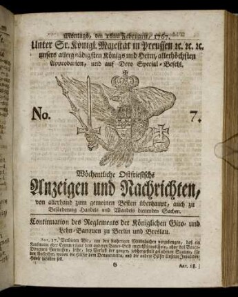 No. 7. Montags, den 16ten Februarii, 1767.
