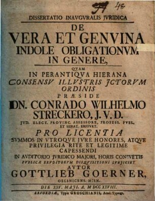 Diss. inaug. iur. de vera et genuina indole obligationum in genere