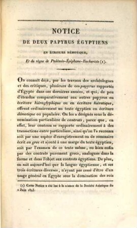 Notice de deux Papyrus Egyptiens en écriture démotique et du Règne de Ptolémée-Epiphane-Euchariste