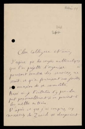 Nr. 17 (= Nr. 368) Brief von Henri Poincaré an Felix Klein. Ohne Ort, o. D.