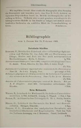 Bibliographie vom 1. Januar bis 15. Februar 1866.