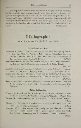 Bibliographie vom 1. Januar bis 15. Februar 1866.