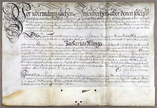 Danzig, 1693.06.19. Geburtsbrief für den Buchbinder Zacharias Klinge von Danzig. Aussteller: Stadt