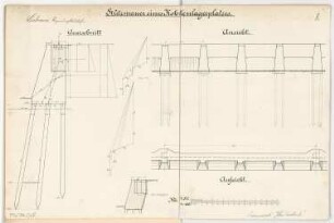 Stützmauer eines Kohlelagerplatzes Monatskonkurrenz Oktober 1910: (halber) Grundriss, Aufriss Längsansicht (mit Längsschnitt), Detail 1:100; Querschnitt 1:50; 2 Maßstabsleisten, Konstruktionsdiagramme