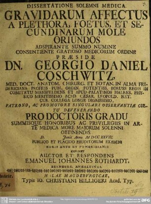 Dissertatione Solemni Medica Gravidarum Affectus A Plethora, Foetus, Et Secundinarum Mole Oriundos