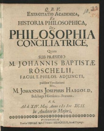 Exercitatio Academica, Ex Historia Philosophica, De Philosophia Conciliatrice