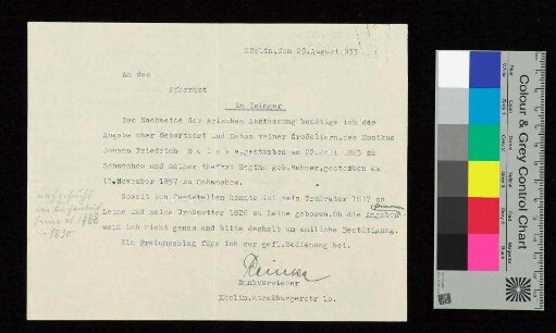 Schreiben an das Pfarramt in Isinger von Johannes Reinke