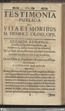 Testimonia Publica De Vita Et Moribus M. Henrici Oldecopii
