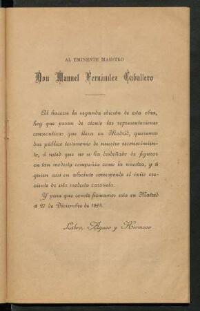 [Dedicatoria] Al eminente maestro Don Manuel Fernández Caballero
