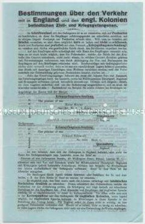 Merkblatt für den Postverkehr mit Kriegsgefangenen in England und den engl. Kolonien