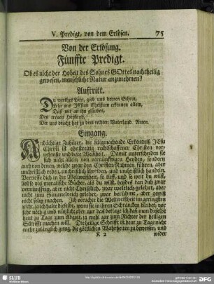 Fünffte Predigt. Ob es nicht der Hoheit des Sohnes Gottes nachtheilig gewesen, menschliche Natur anzunehmen?