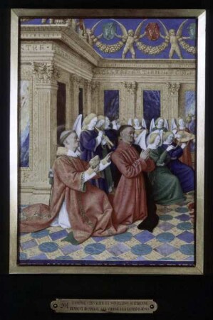 Stundenbuch des Etienne Chevalier — Der heilige Stephanus empfiehlt Estienne Chevalier der Madonna