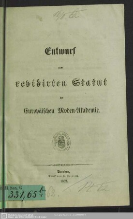 Entwurf zum revidirten Statut der Europäischen Moden-Akademie