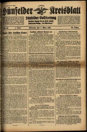 Erste Ausgabe vom Mittwoch, den 01. März 1939.