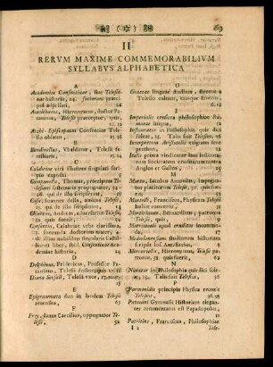 II Rerum Maxime Commemorabilium Syllabus Alphabetica