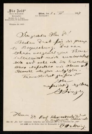 Nr. 3 Brief von Isidor Singer an Karl Schwarzschild. Wien, 1.4.1897