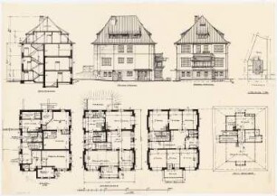 Einfamilienhaus, Berlin (?): Lageplan 1:500; Grundrisse 1:100: Keller, Erdgeschoss, Obergeschoss, Dachgeschoss; Aufrisse 1:100: Vorderansicht, Seitenansicht; Querschnitt 1:100