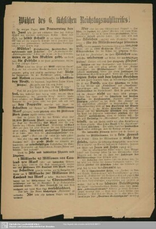 Wähler des 6. Reichstagswahlkreises! : In wenigen Tagen, am Donnerstag den 15. Juni sollt Ihr mit entscheiden über das künftige Geschick ...; [Wahlaufruf zur Wahl des Kandidaten der Sozialdemokratischen Partei, Georg Horn, Landtagsabgeordneter und Gemeinderatsmitglied in Löbtau]