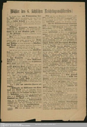 Wähler des 6. Reichstagswahlkreises! : In wenigen Tagen, am Donnerstag den 15. Juni sollt Ihr mit entscheiden über das künftige Geschick ...; [Wahlaufruf zur Wahl des Kandidaten der Sozialdemokratischen Partei, Georg Horn, Landtagsabgeordneter und Gemeinderatsmitglied in Löbtau]