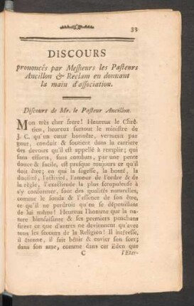 Discours prononc´es par Messieurs les Pasteurs Ancillon & Reclam en donnant la main d'association.