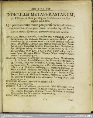 Indiculus Metaphrastarum, qui Psalmos versibus per linguas sive idiomata amplius viginti reddidere