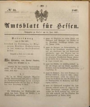 № 34. Ausgegeben zu Cassel am 18. Juni 1867.