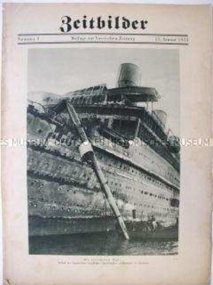 Illustrierte Beilage der "Vossischen Zeitung" zur Ankunft des ausgebrannten Ozeandampfers "L'Atlantique" in Cherbourg