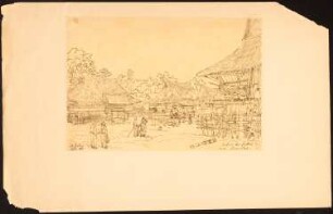 Dorf der Battas auf Sumatra: Perspektivische Ansicht (Durchzeichnung nach Illustrirte Zeitung, 1879, 185)