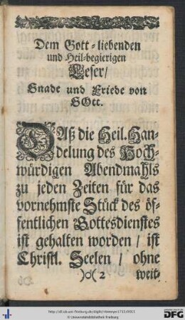 Dem Gott-liebenden und Heil-begierigen Leser, Gnade und Friede von Gott.