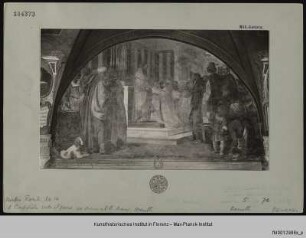 Freskenzyklus mit Darstellungen zu den Ursprüngen des Servitenordens : Buonfiglio Monaldi übergibt das Amt des Ordensgenerals an Buonagiunta Manetti (1255)