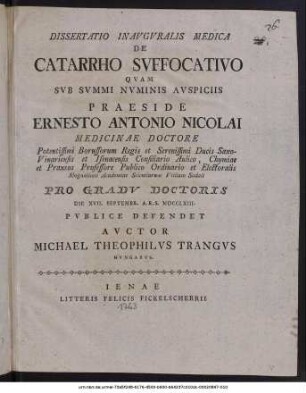 Dissertatio Inauguralis Medica De Catarrho Suffocativo