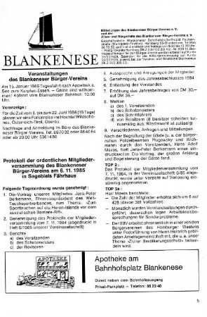 Protokoll der ordentlichen Mitgliederversammlung des Blankeneser Bürger-Vereins am 6. 11. 1985 in Sagebiels Fährhaus
