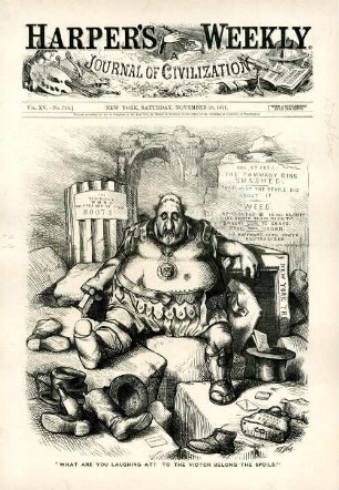 "What are you laughing at? To the victor belong the spoils." : Tweed sitzt in den Trümmern der eingestürzten Tammany Hall