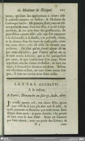 Lettre CCCXLVII. A la même. A Paris, Dimanche au soir 15. Août, 1677