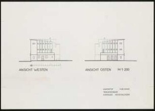 Mensa und Hochschulbibliothek, Karlsruhe Erweiterung: Tribünengebäude ehemaliges Hochschulstadion, Ansicht Westen/Osten, 1:200