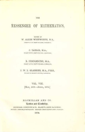 Messenger of mathematics, 8. 1878/79 (1879), Mai - Apr.