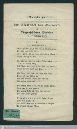 Gesänge bei der Abendtafel des Festmahls des Bogenschützen-Vereins den 17. October 1842