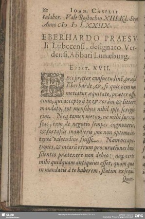 Eberhardo Praesuli Lubecensi, designato Verdensi, Abbati Lunaeburg. Epist. XVII