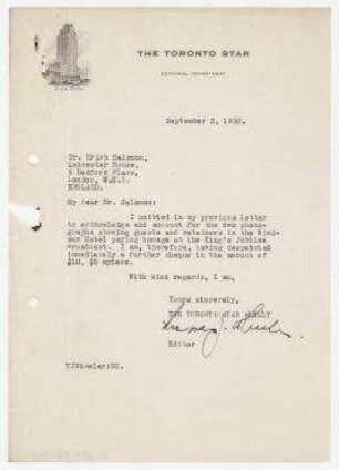 Brief von Star Newspaper Service, The Toronto Star, Toronto an Erich Salomon